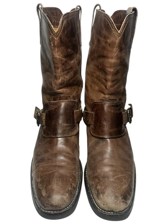 John Varvatos Men’s Size 9.5 Brown Rugged Leather Harness Pull On Biker Boots - Picture 4 of 11